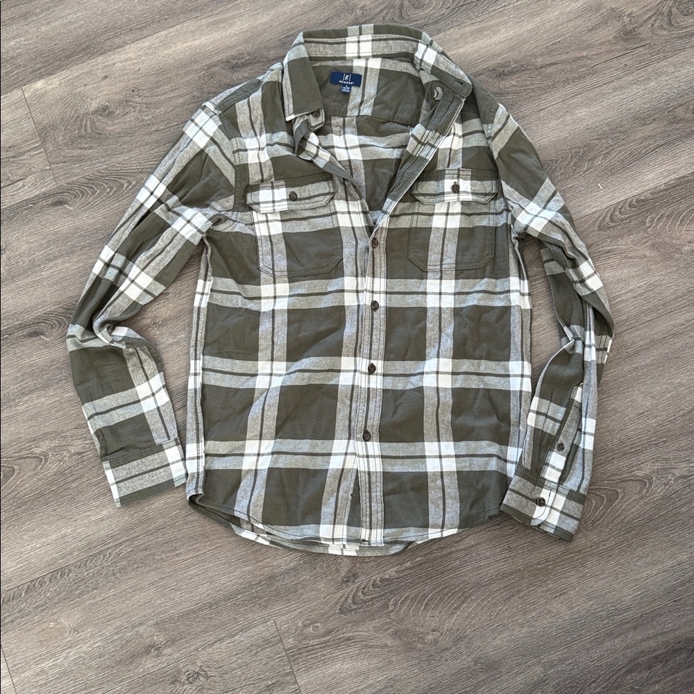 George Men's Olive Green and White Plaid Button-Up Shirt